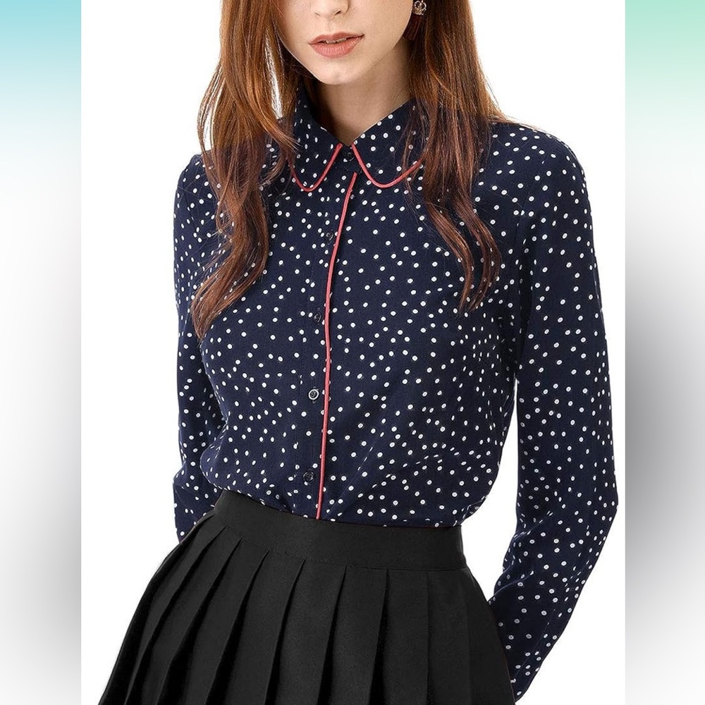 Super cute and preppy polka dot printed piped button down blouse! Size small.